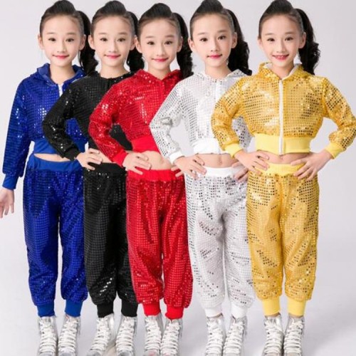 Girls sequined  Gold Silver royal blue red Jazz Hip Hop Dance Competition Costumes Kid Clothing Clothes Hoodie Top Pants Dancing Wear outfits